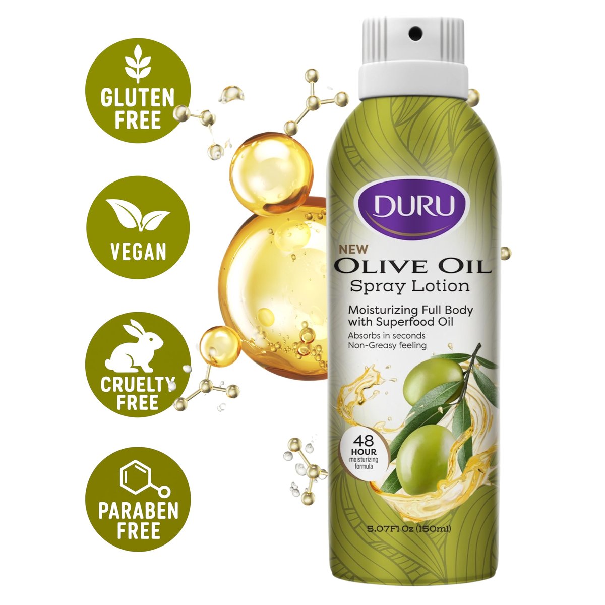 Duru Olive Oil Moisturizing Spray Lotion - 48 Hour Hydration Body Lotion for Dry Skin, 5 oz Avelisse