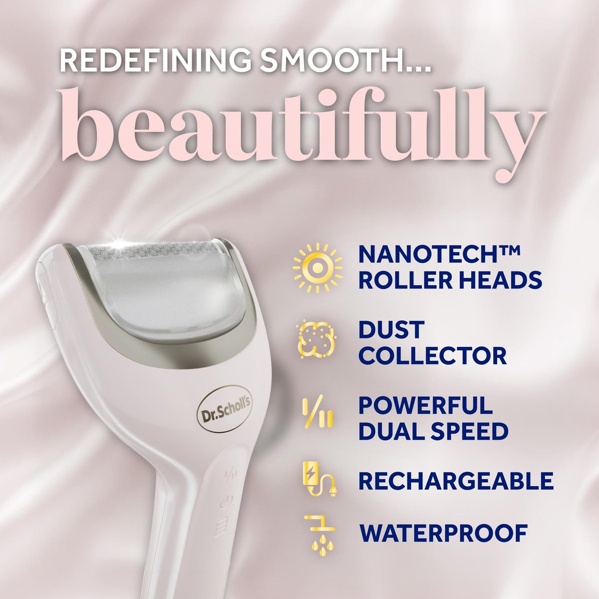 Dr. Scholl's Pedi Perfect Electric Foot Callus Remover - Waterproof Rechargeable with 2 Roller Heads, 90 Min Run Time, Dust Catcher Avelisse