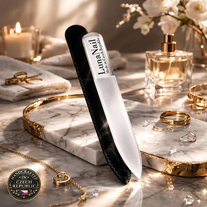 LunaNail Nano Czech Glass Nail File & Buffer 2-in-1 – Velvet Case, Crystal Polisher, Mirror-Shine, Keratin-Sealing, Travel Friendly Avelisse