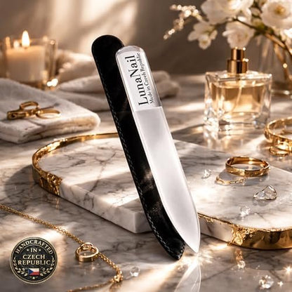 LunaNail Nano Czech Glass Nail File & Buffer 2-in-1 – Velvet Case, Crystal Polisher, Mirror-Shine, Keratin-Sealing, Travel Friendly Avelisse