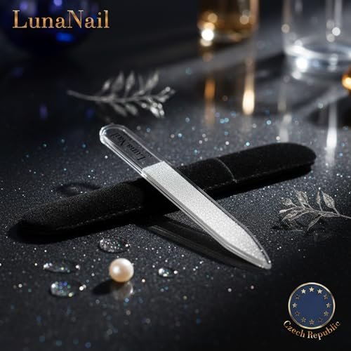LunaNail Nano Czech Glass Nail File & Buffer 2-in-1 – Velvet Case, Crystal Polisher, Mirror-Shine, Keratin-Sealing, Travel Friendly Avelisse