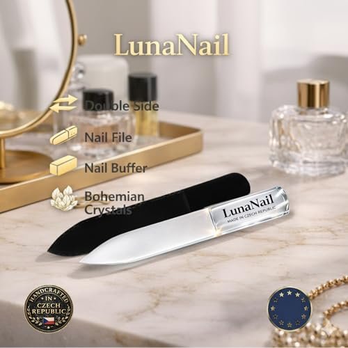 LunaNail Nano Czech Glass Nail File & Buffer 2-in-1 – Velvet Case, Crystal Polisher, Mirror-Shine, Keratin-Sealing, Travel Friendly Avelisse