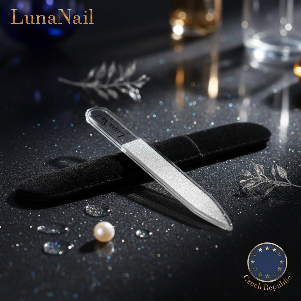 LunaNail Nano Czech Glass Nail File & Buffer 2-in-1 – Velvet Case, Crystal Polisher, Mirror-Shine, Keratin-Sealing, Travel Friendly Avelisse