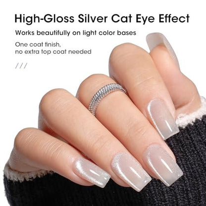 GELLEN Cat Eye Gel Nail Polish Silver - Magnetic White Cat Eye Gel Top Coat, Glitter Shimmer No Wipe Top Coat, Soak Off UV LED Nail Lamp Nail Art DIY Manicure 18ml