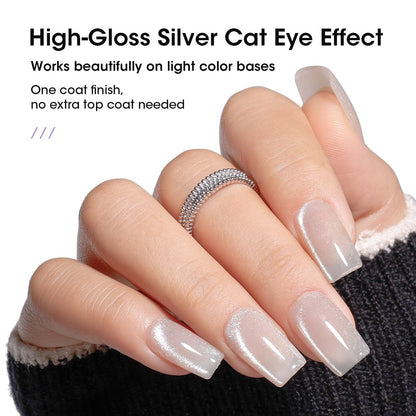GELLEN Cat Eye Gel Nail Polish Silver - Magnetic White Cat Eye Gel Top Coat, Glitter Shimmer No Wipe Top Coat, Soak Off UV LED Nail Lamp Nail Art DIY Manicure 18ml