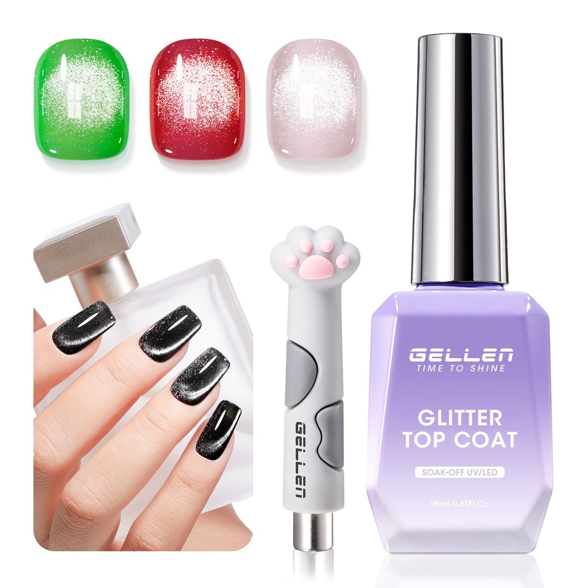 GELLEN Cat Eye Gel Nail Polish Silver - Magnetic White Cat Eye Gel Top Coat, Glitter Shimmer No Wipe Top Coat, Soak Off UV LED Nail Lamp Nail Art DIY Manicure 18ml - görsel 1