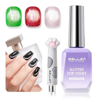 GELLEN Cat Eye Gel Nail Polish Silver - Magnetic White Cat Eye Gel Top Coat, Glitter Shimmer No Wipe Top Coat, Soak Off UV LED Nail Lamp Nail Art DIY Manicure 18ml
