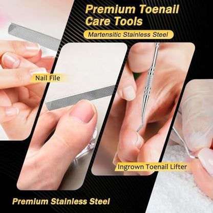 Kingfun Toenail Clippers for Thick Toenails - Heavy Duty Ingrown Toe Nail Clippers for Seniors, Angled Head Large Nail Clippers Set of 5, Stainless Steel, Black