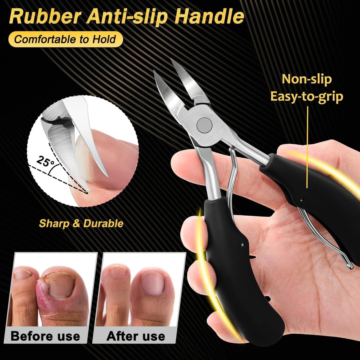 Kingfun Toenail Clippers for Thick Toenails - Heavy Duty Ingrown Toe Nail Clippers for Seniors, Angled Head Large Nail Clippers Set of 5, Stainless Steel, Black - görsel 9