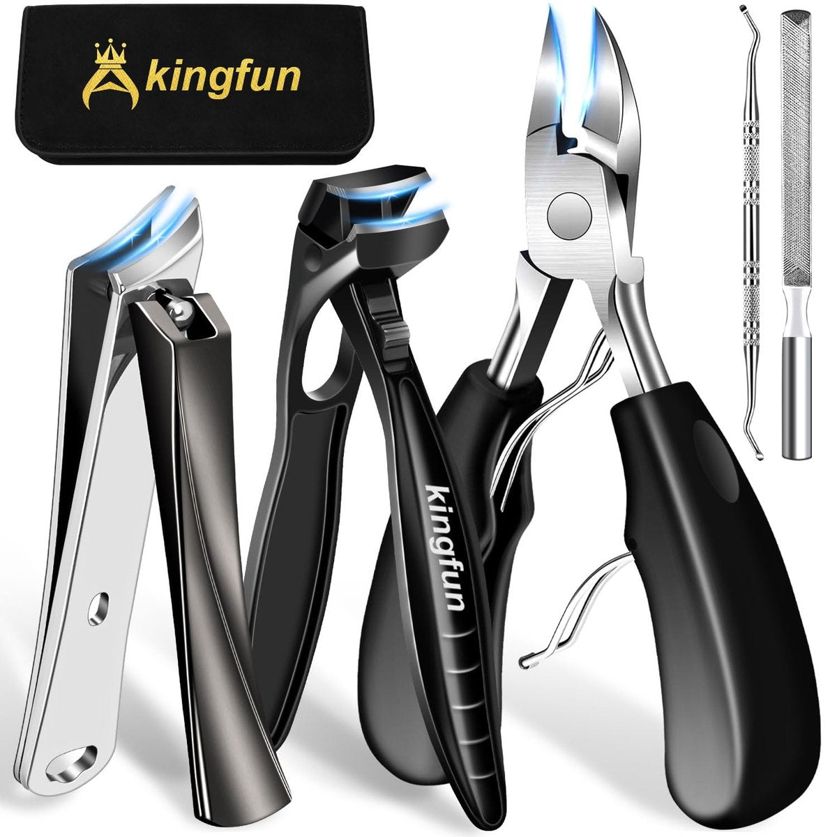 Kingfun Toenail Clippers for Thick Toenails - Heavy Duty Ingrown Toe Nail Clippers for Seniors, Angled Head Large Nail Clippers Set of 5, Stainless Steel, Black - görsel 1