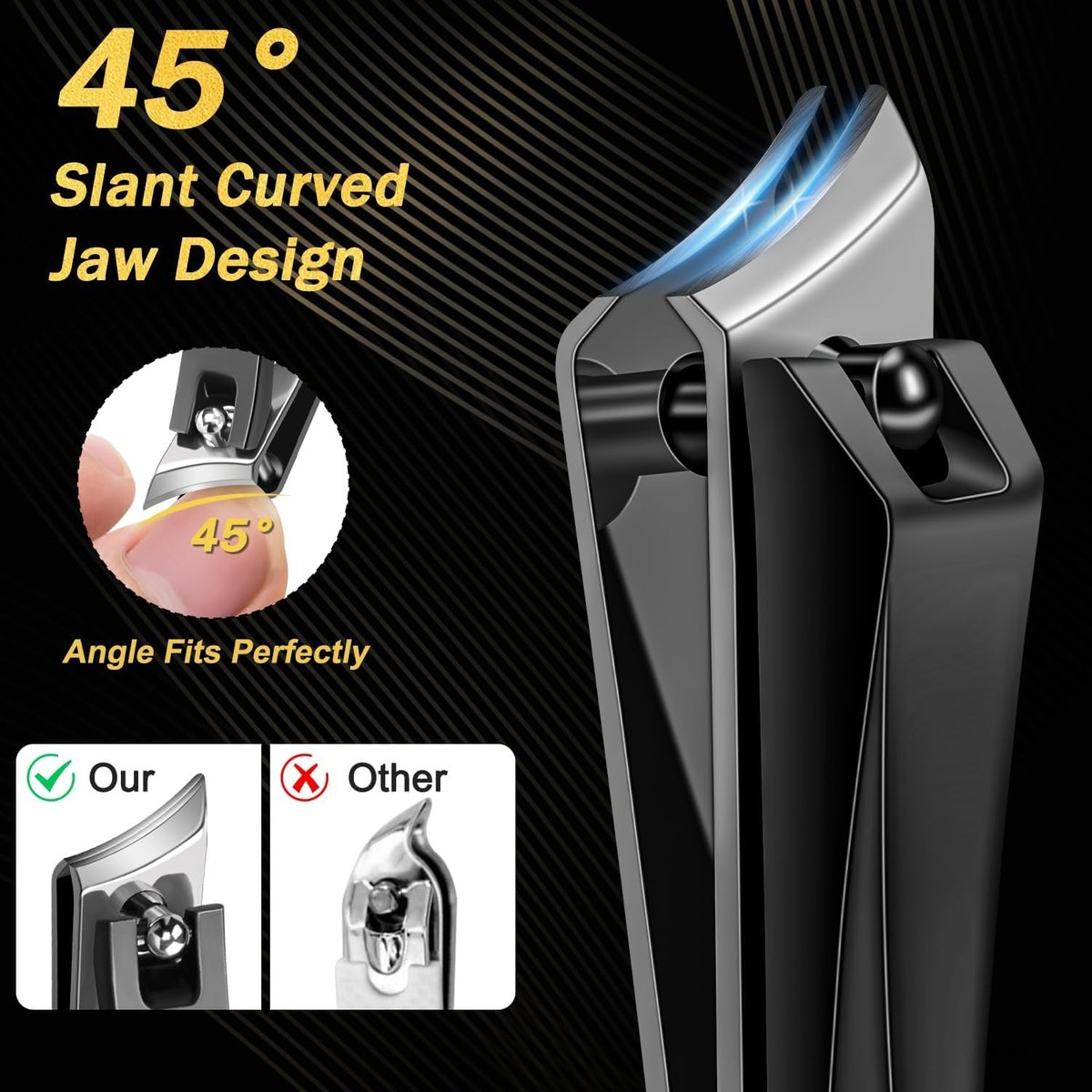 Kingfun Toenail Clippers for Thick Toenails - Heavy Duty Ingrown Toe Nail Clippers for Seniors, Angled Head Large Nail Clippers Set of 5, Stainless Steel, Black - görsel 7
