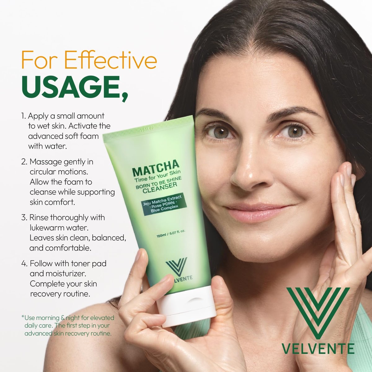 VELVENTE Matcha Gentle Deep Pore Cleansing Facial Cleanser - Low-pH Face Wash for Pore Refining with Rose PDRN, Hydrating Daily Facial Wash for Redness & Sensitive Skin, Korean Skincare (5.07 fl oz) Avelisse
