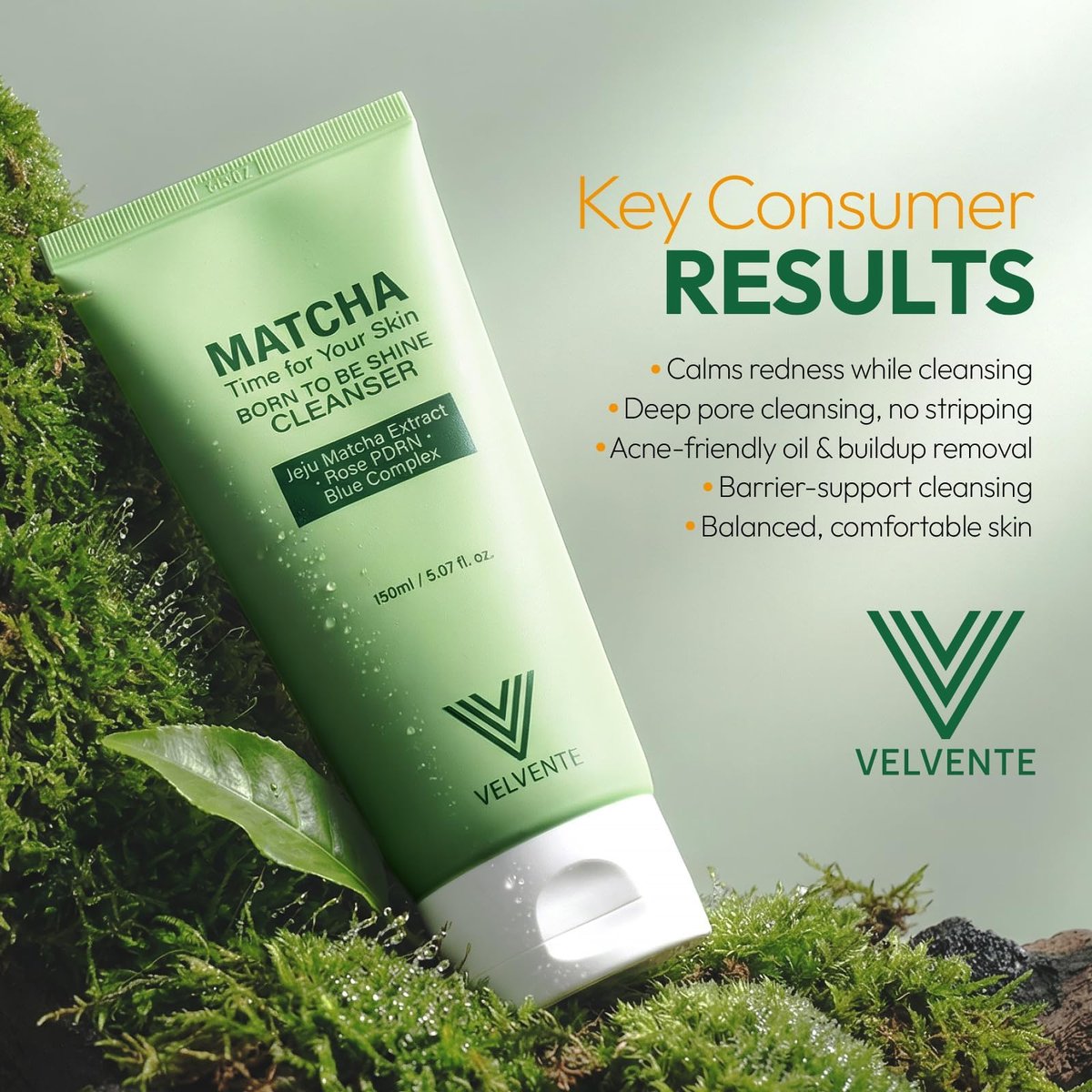 VELVENTE Matcha Gentle Deep Pore Cleansing Facial Cleanser - Low-pH Face Wash for Pore Refining with Rose PDRN, Hydrating Daily Facial Wash for Redness & Sensitive Skin, Korean Skincare (5.07 fl oz) Avelisse
