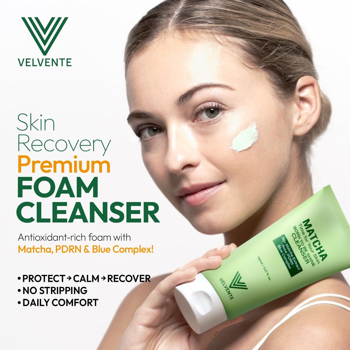 VELVENTE Matcha Gentle Deep Pore Cleansing Facial Cleanser - Low-pH Face Wash for Pore Refining with Rose PDRN, Hydrating Daily Facial Wash for Redness & Sensitive Skin, Korean Skincare (5.07 fl oz) Avelisse