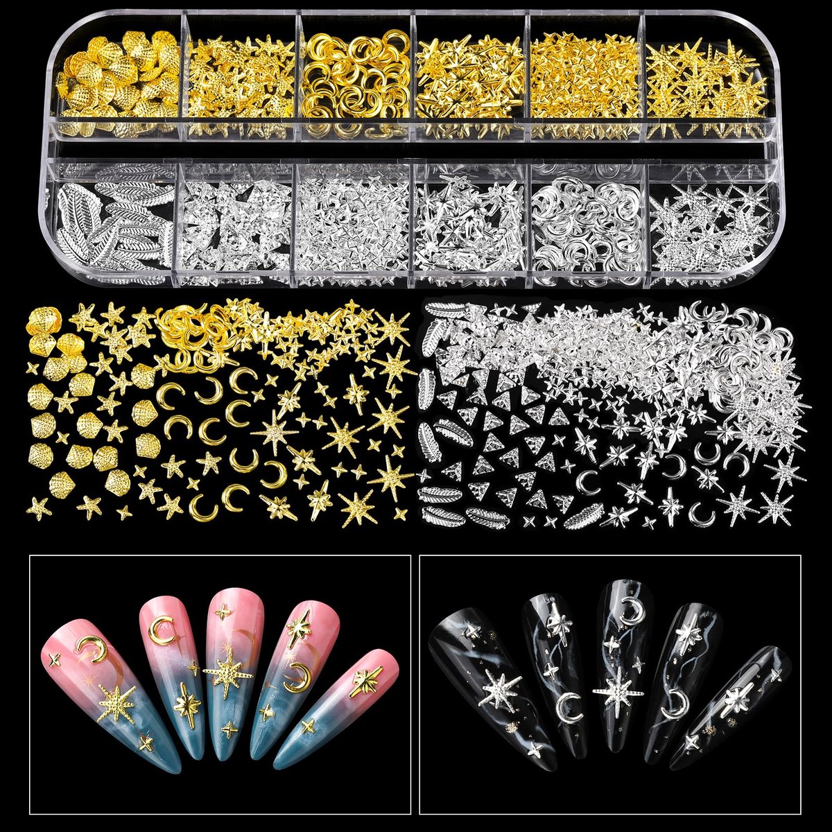 Teenitor Nail Charms and Gems Kit - 6 Boxes Silver & Gold Rhinestones, Pearls, Caviar Beads, Y2K & Cross Nail Charms for 3D Nail Art Avelisse