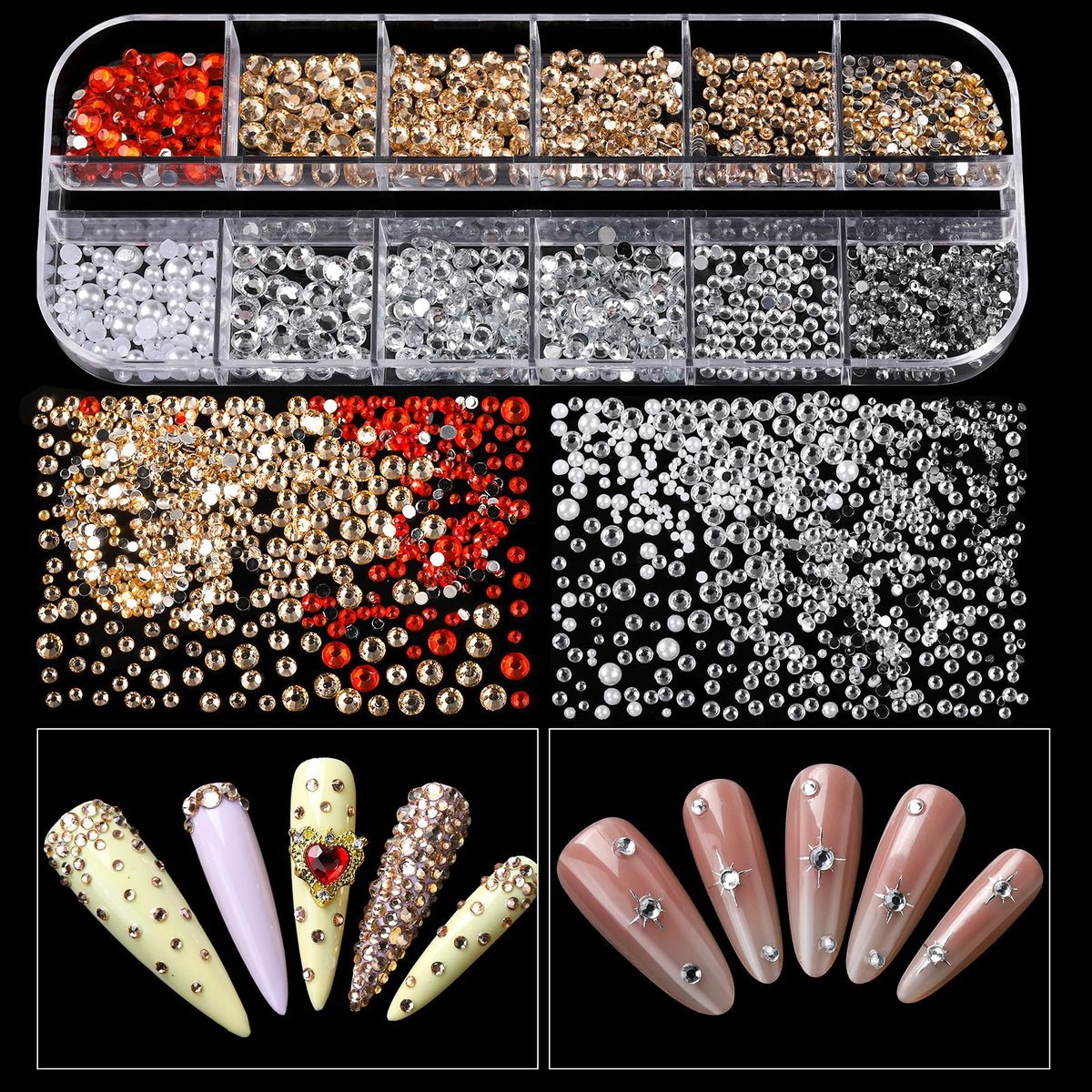 Teenitor Nail Charms and Gems Kit - 6 Boxes Silver & Gold Rhinestones, Pearls, Caviar Beads, Y2K & Cross Nail Charms for 3D Nail Art Avelisse