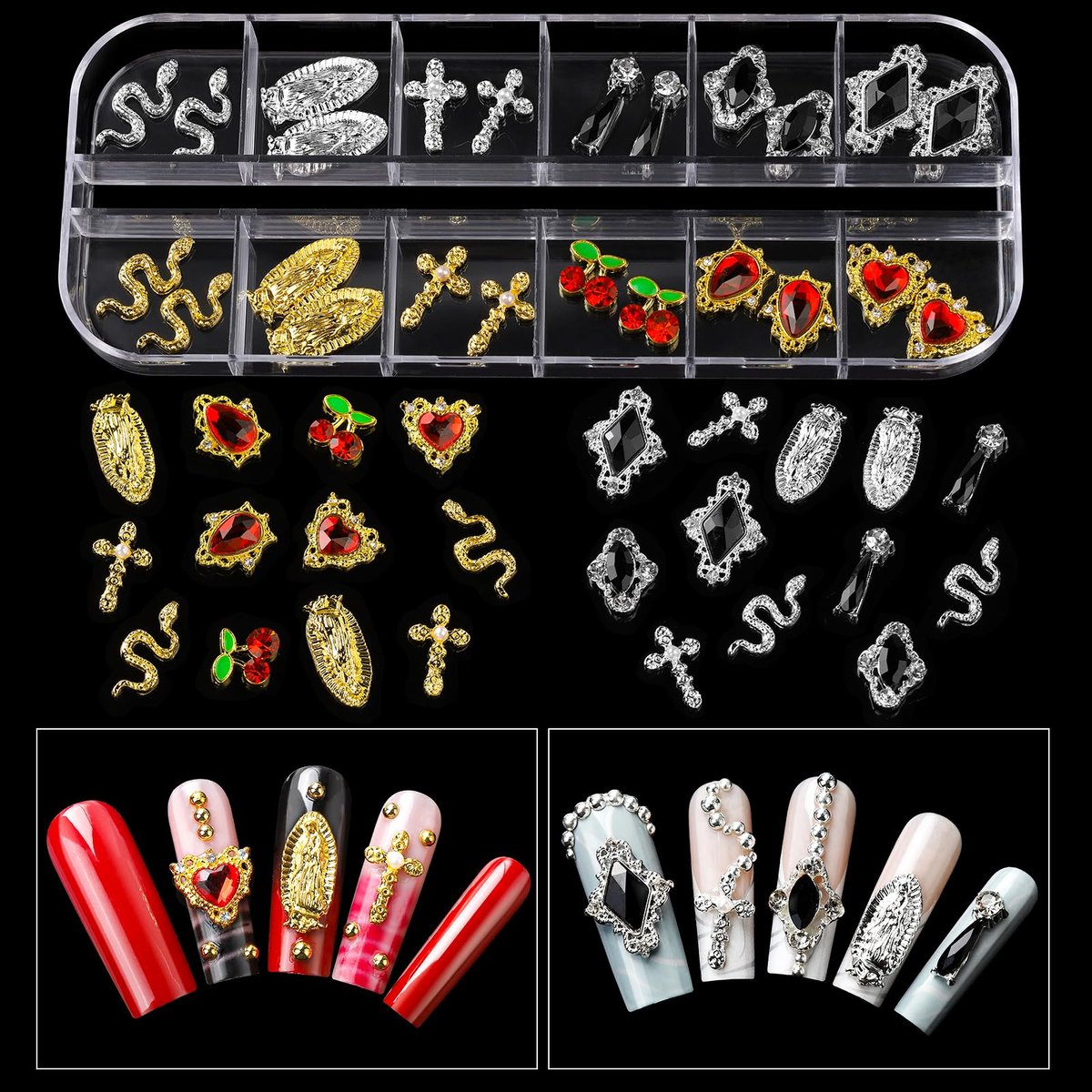 Teenitor Nail Charms and Gems Kit - 6 Boxes Silver & Gold Rhinestones, Pearls, Caviar Beads, Y2K & Cross Nail Charms for 3D Nail Art Avelisse