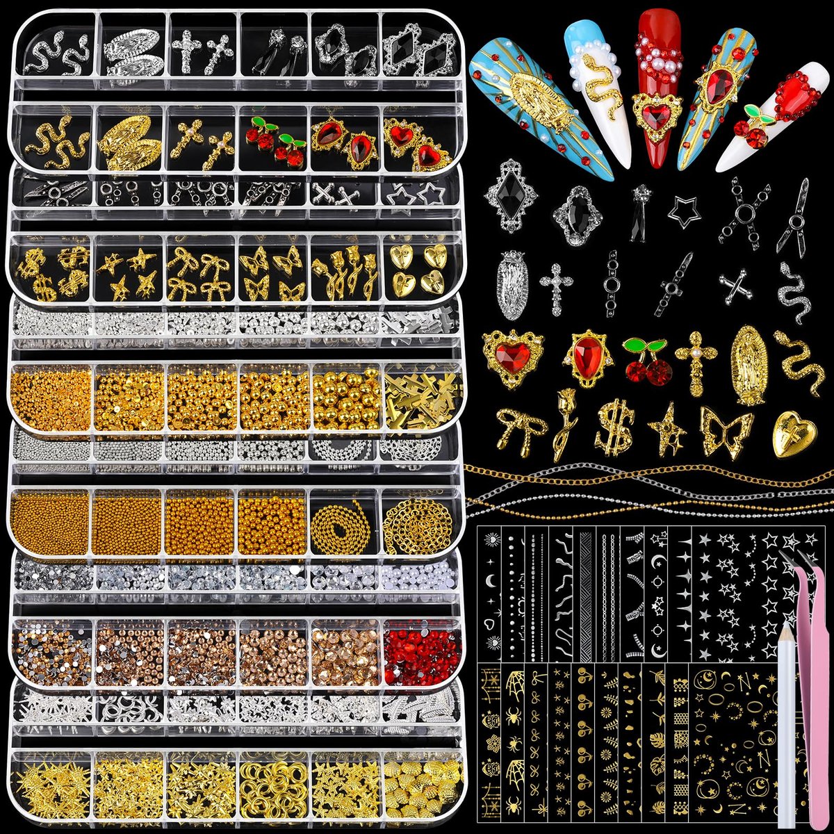 Teenitor Nail Charms and Gems Kit - 6 Boxes Silver & Gold Rhinestones, Pearls, Caviar Beads, Y2K & Cross Nail Charms for 3D Nail Art Avelisse