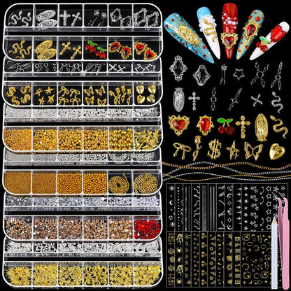 Teenitor Nail Charms and Gems Kit - 6 Boxes Silver & Gold Rhinestones, Pearls, Caviar Beads, Y2K & Cross Nail Charms for 3D Nail Art Avelisse