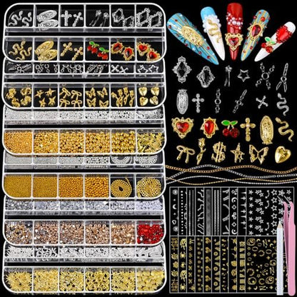 Teenitor Nail Charms and Gems Kit - 6 Boxes Silver & Gold Rhinestones, Pearls, Caviar Beads, Y2K & Cross Nail Charms for 3D Nail Art Avelisse