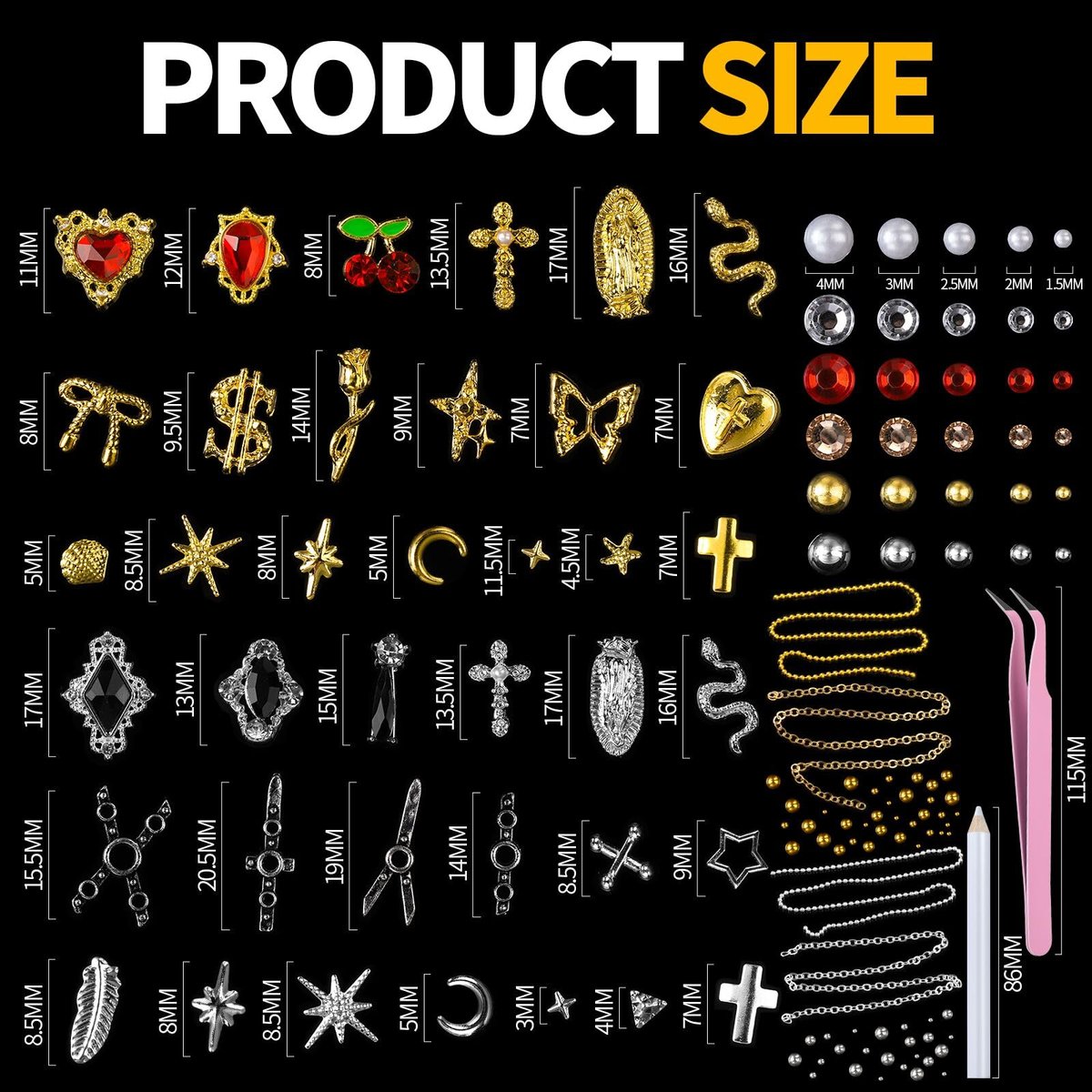 Teenitor Nail Charms and Gems Kit - 6 Boxes Silver & Gold Rhinestones, Pearls, Caviar Beads, Y2K & Cross Nail Charms for 3D Nail Art Avelisse