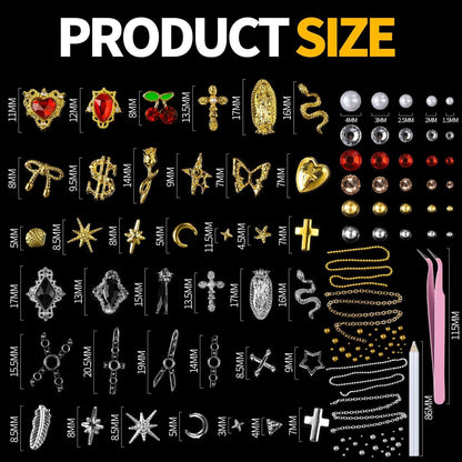 Teenitor Nail Charms and Gems Kit - 6 Boxes Silver & Gold Rhinestones, Pearls, Caviar Beads, Y2K & Cross Nail Charms for 3D Nail Art Avelisse