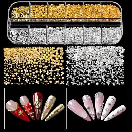Teenitor Nail Charms and Gems Kit - 6 Boxes Silver & Gold Rhinestones, Pearls, Caviar Beads, Y2K & Cross Nail Charms for 3D Nail Art Avelisse