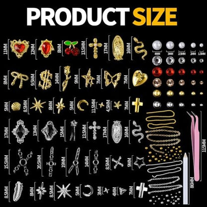 Teenitor Nail Charms and Gems Kit - 6 Boxes Silver & Gold Rhinestones, Pearls, Caviar Beads, Y2K & Cross Nail Charms for 3D Nail Art Avelisse