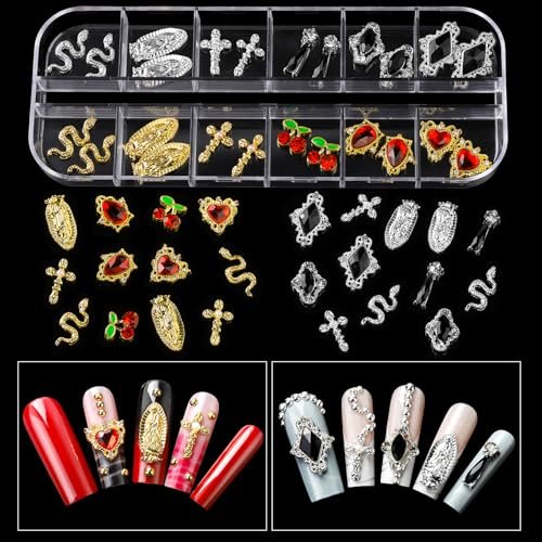 Teenitor Nail Charms and Gems Kit - 6 Boxes Silver & Gold Rhinestones, Pearls, Caviar Beads, Y2K & Cross Nail Charms for 3D Nail Art Avelisse
