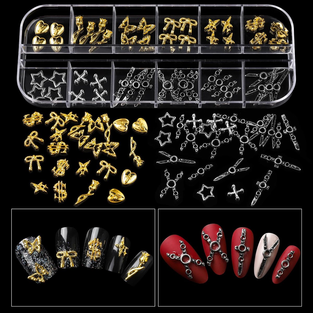 Teenitor Nail Charms and Gems Kit - 6 Boxes Silver & Gold Rhinestones, Pearls, Caviar Beads, Y2K & Cross Nail Charms for 3D Nail Art Avelisse