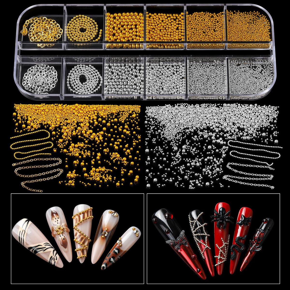 Teenitor Nail Charms and Gems Kit - 6 Boxes Silver & Gold Rhinestones, Pearls, Caviar Beads, Y2K & Cross Nail Charms for 3D Nail Art Avelisse