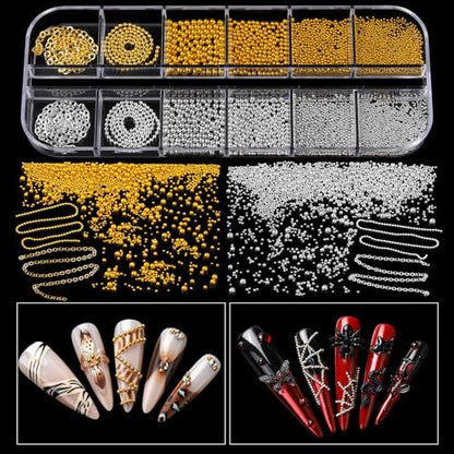 Teenitor Nail Charms and Gems Kit - 6 Boxes Silver & Gold Rhinestones, Pearls, Caviar Beads, Y2K & Cross Nail Charms for 3D Nail Art Avelisse