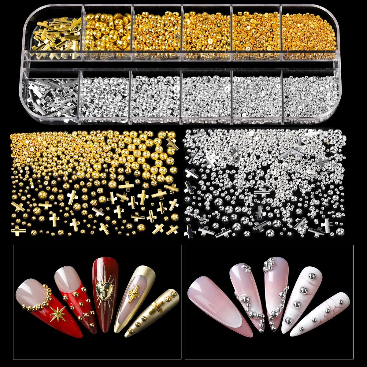 Teenitor Nail Charms and Gems Kit - 6 Boxes Silver & Gold Rhinestones, Pearls, Caviar Beads, Y2K & Cross Nail Charms for 3D Nail Art Avelisse
