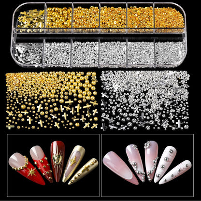 Teenitor Nail Charms and Gems Kit - 6 Boxes Silver & Gold Rhinestones, Pearls, Caviar Beads, Y2K & Cross Nail Charms for 3D Nail Art Avelisse