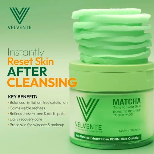 VELVENTE Matcha Toner Pads (100 Pads) - Korean Facial Pads with Rose PDRN, Peptides & Hyaluronic Acid for Dark Spots, Acne Prone & Uneven Skin Tone Avelisse