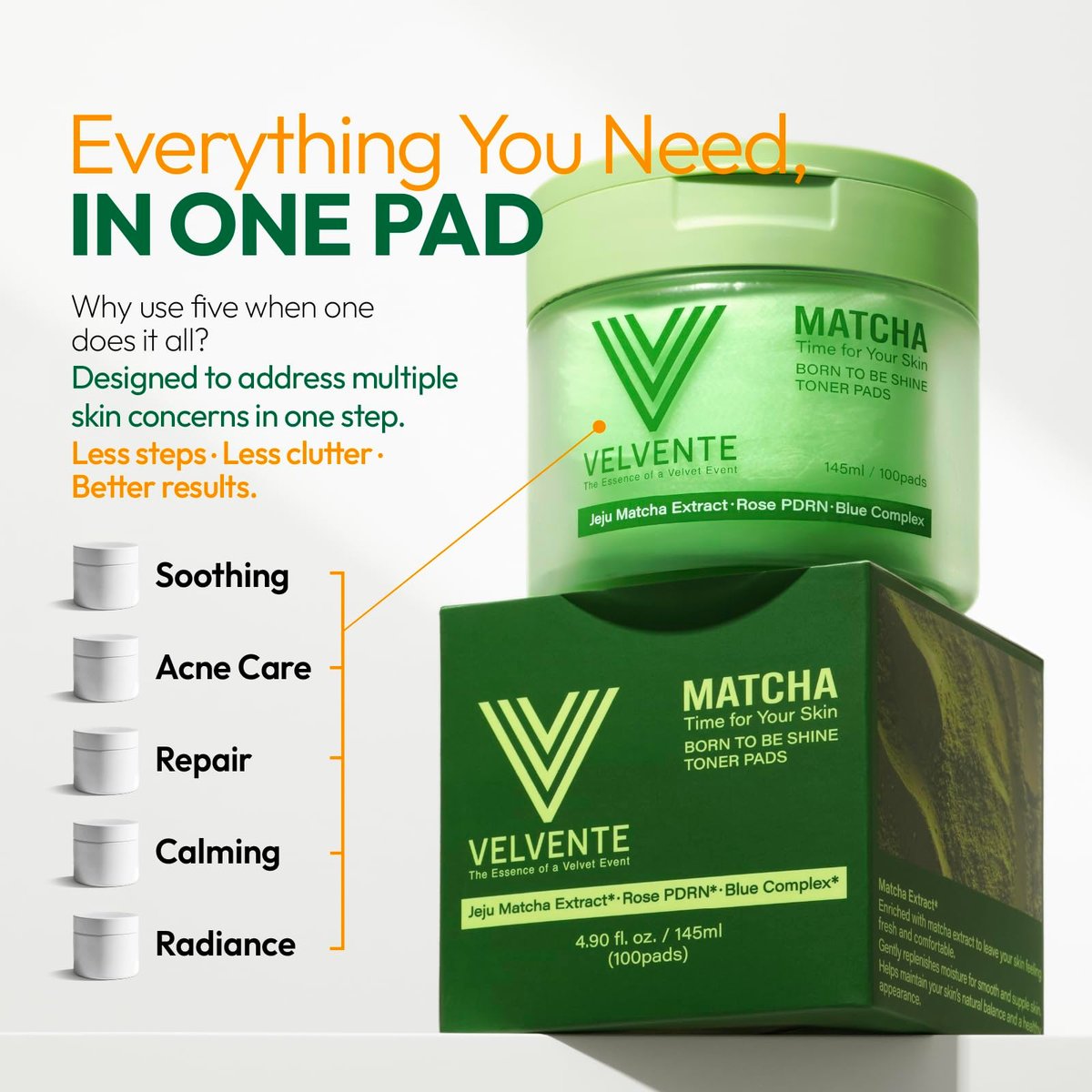 VELVENTE Matcha Toner Pads (100 Pads) - Korean Facial Pads with Rose PDRN, Peptides & Hyaluronic Acid for Dark Spots, Acne Prone & Uneven Skin Tone Avelisse