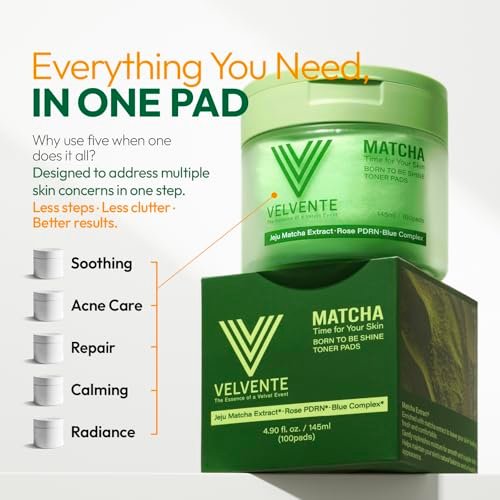 VELVENTE Matcha Toner Pads (100 Pads) - Korean Facial Pads with Rose PDRN, Peptides & Hyaluronic Acid for Dark Spots, Acne Prone & Uneven Skin Tone Avelisse