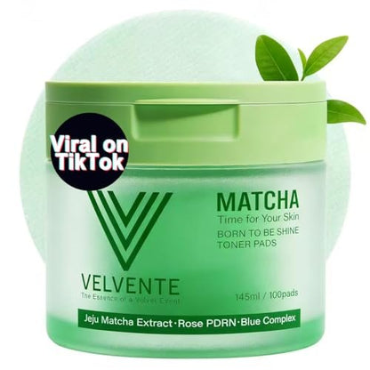 VELVENTE Matcha Toner Pads (100 Pads) - Korean Facial Pads with Rose PDRN, Peptides & Hyaluronic Acid for Dark Spots, Acne Prone & Uneven Skin Tone Avelisse