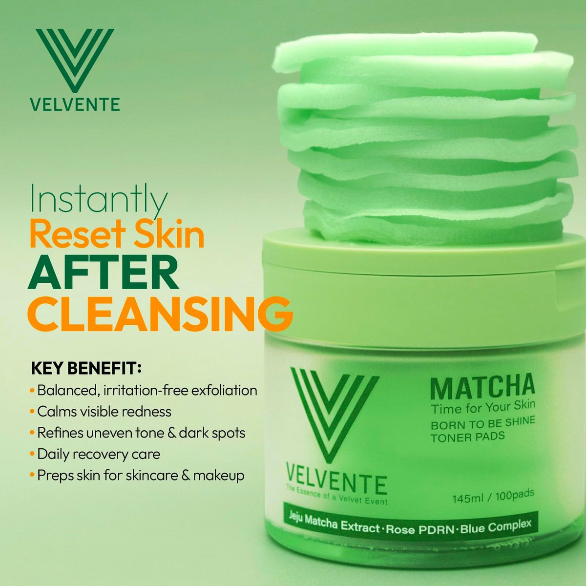VELVENTE Matcha Toner Pads (100 Pads) - Korean Facial Pads with Rose PDRN, Peptides & Hyaluronic Acid for Dark Spots, Acne Prone & Uneven Skin Tone Avelisse
