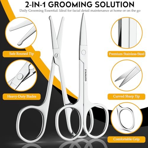 RCHQOUTOR Facial Hair Small Grooming Scissors - Stainless Steel Beard & Mustache Scissors for Precision Trimming, Eyebrow & Nose Hair Scissors Set for Men Women - görsel 4