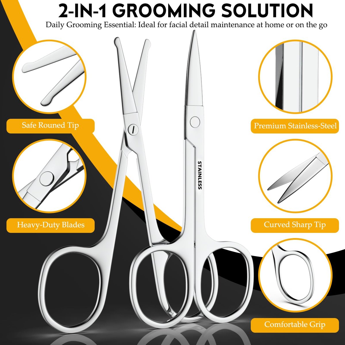 RCHQOUTOR Facial Hair Small Grooming Scissors - Stainless Steel Beard & Mustache Scissors for Precision Trimming, Eyebrow & Nose Hair Scissors Set for Men Women - görsel 3