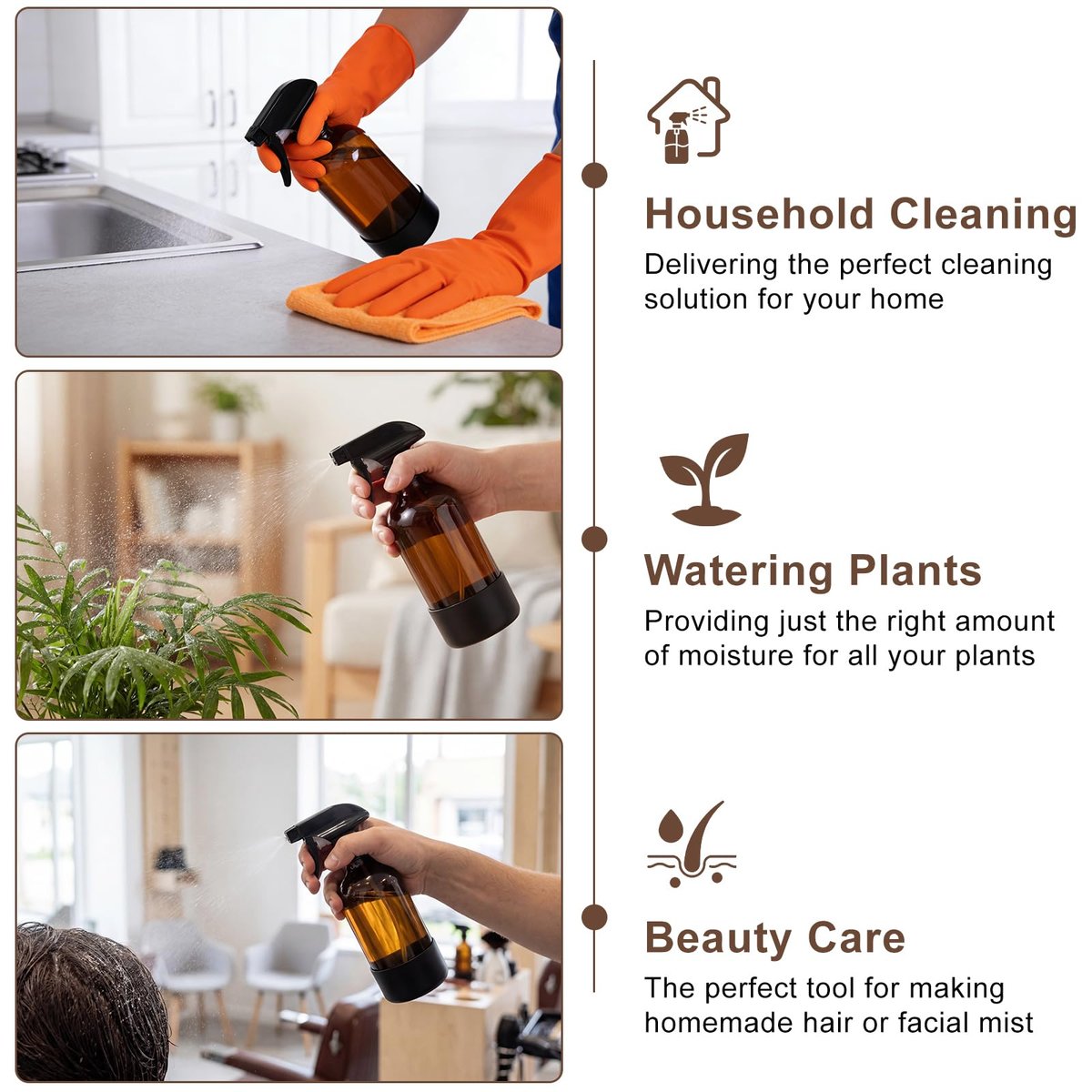 Ninsula 16 oz Amber Glass Spray Bottle with Silicone Sleeve – Refillable Multipurpose Sprayer for Cleaning, Plants, Skin & Hair Care - görsel 11