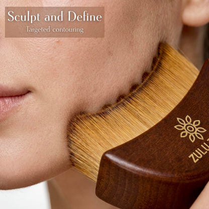 ZULU ZEST Face Brush Lymphatic Drainage Facial Contour Manual Massager – Wooden Handle Curved Bristle Sculpting Tool for Puffiness, Gua Sha Style, Soft Dry Brush, Light Brown