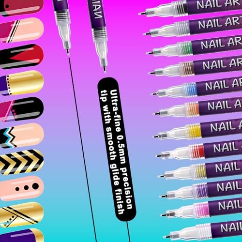 12 Colors Nail Art Pens Set for Painting - Quick-Drying Fine-Tip Gel Nail Polish Markers for Kids, Girls & Women - DIY Nail Art Dotting and Line Drawing - görsel 9