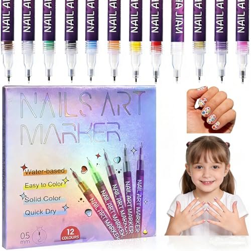 12 Colors Nail Art Pens Set for Painting - Quick-Drying Fine-Tip Gel Nail Polish Markers for Kids, Girls & Women - DIY Nail Art Dotting and Line Drawing