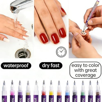 12 Colors Nail Art Pens Set for Painting - Quick-Drying Fine-Tip Gel Nail Polish Markers for Kids, Girls & Women - DIY Nail Art Dotting and Line Drawing