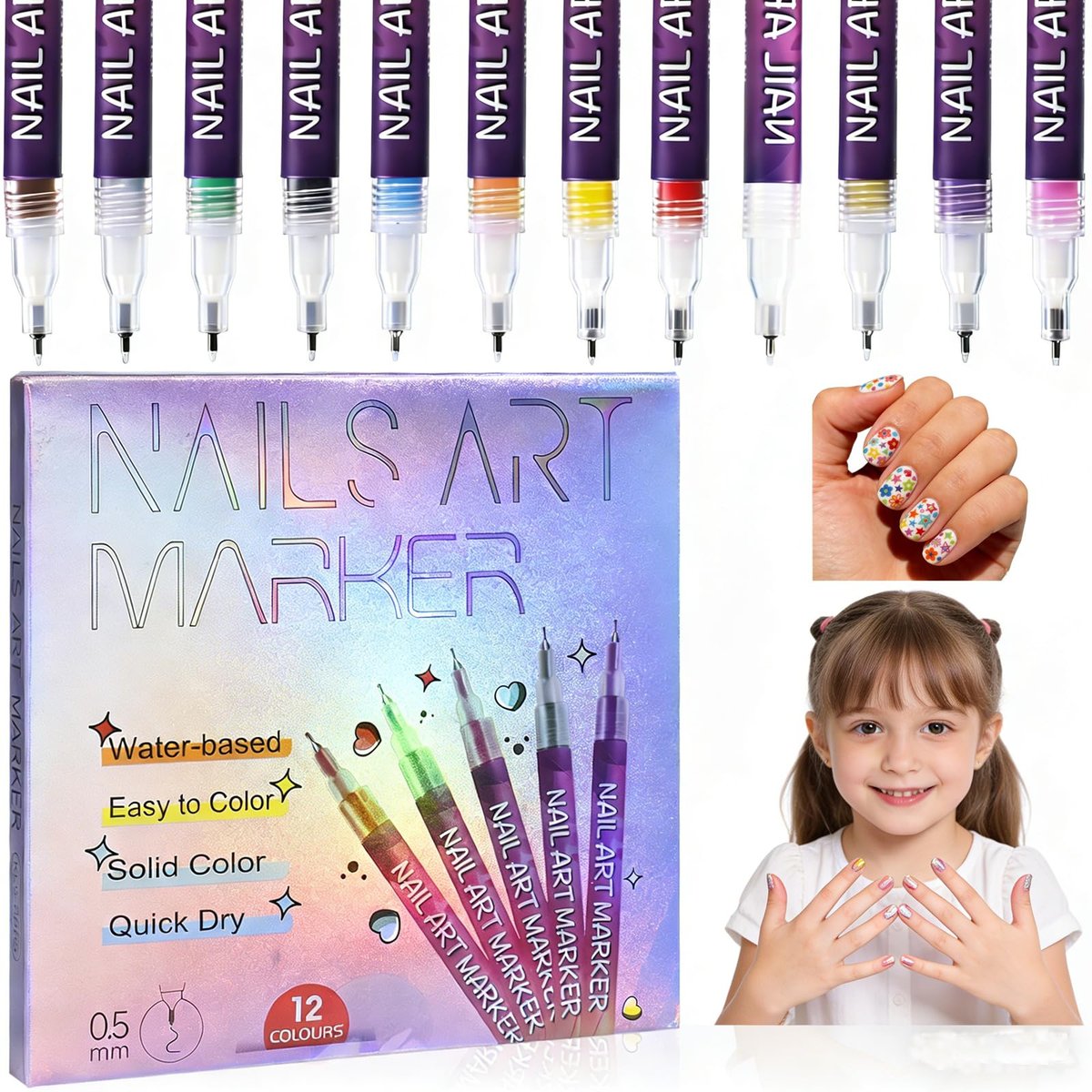 12 Colors Nail Art Pens Set for Painting - Quick-Drying Fine-Tip Gel Nail Polish Markers for Kids, Girls & Women - DIY Nail Art Dotting and Line Drawing - görsel 2