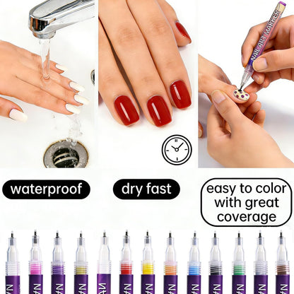 12 Colors Nail Art Pens Set for Painting - Quick-Drying Fine-Tip Gel Nail Polish Markers for Kids, Girls & Women - DIY Nail Art Dotting and Line Drawing