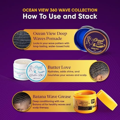 OCEAN VIEW DEEP WAVES POMADE - Premium Wave Grease for 360 Waves, Strong Hold Wave Pomade for Men, Hydrating Hair Styling Product for Deep, Defined Waves, 4 oz Jar
