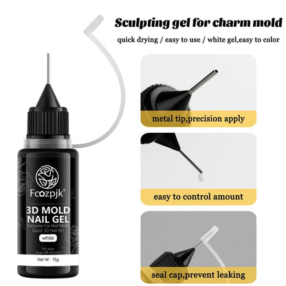 Fcozpjk 3D Sculpting Gel - 2 Pack Clear White Molding Gel for Nail Art, Quick Dry UV Cure Gel for Silicone Molds, DIY Nail Charms & 3D Flower Design